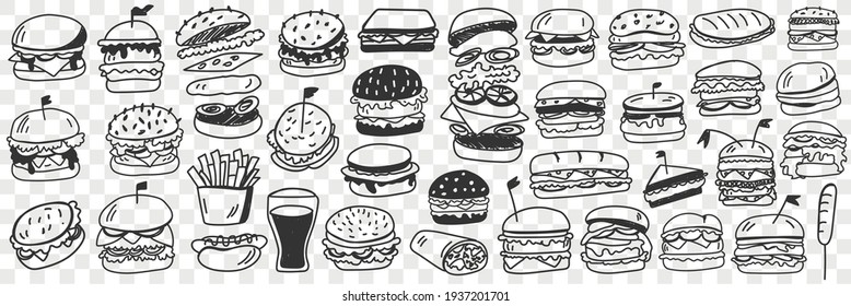 Burgers fast food doodle set