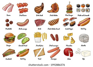 Burgers are fast street food. Vector drawing of food. Unhealthy food. Fries, donuts, cocoa, pastries, sweets, sausages, hot dog, bacon, Cheese, sushi, avocado toast