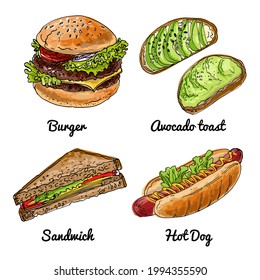 Burgers are fast street food. Vector drawing of food. Unhealthy food. Hot dog, hamburger, avocado toast, sandwich