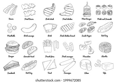 Burgers are fast street food. Vector drawing of food. Unhealthy food. Fries, donuts, cocoa, pastries, sweets, sausages, hot dog, bacon, Cheese, sushi, avocado toast