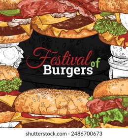 Burgers frame with text in the middle on a dark gray background. Vector hand drawn line art and fill of different burgers with separate ingredients. Mix them as you want. Easy to edit.