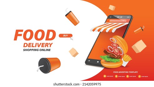 Burgers and french fries are placed next to a smartphone shop. And there are food boxes and soda cans floating around,vector 3d template for delivery advertising concept design