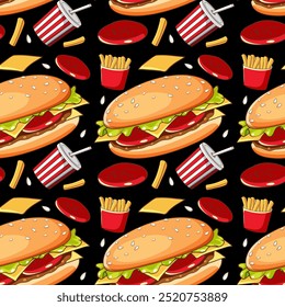 Burgers, fries, and drinks on black background