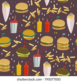 Burgers and fries. Hand drawn vector seamless pattern. Dark background