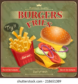 Burgers & fries poster vintage (vector illustration)