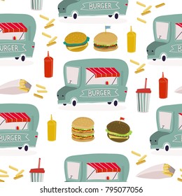 Burgers, fries and soda. Burger food truck. Colored vector seamless pattern