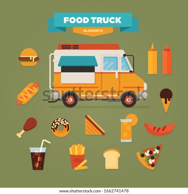 Burgers, fries and soda. Burger food truck. Colored\
vector set.
