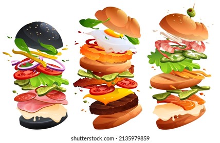Burgers or hamburgers fly motion with separated ingredients layers. Isolated vector fast food menu meals with fresh buns, lettuce, cheese, tomato, bacon with shrimps, eggs and cucumbers Cartoon design