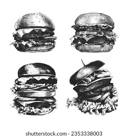 Burgers. Hand drawn Fast food. Vector sketch icons of hamburgers and cheeseburgers. Vintage line drawing  for food menu, coloring book, brochure or leaflet design