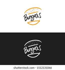 Burgers hand drawn modern brush lettering text with burger form. Vector illustration of business logo for webpage, print and advertising