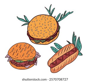 Burgers and hot dog with leaves colorful food illustration featuring sesame buns lettuce and sausage on white background perfect for menu design