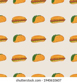 Burgers and hot dogs with greens on a seamless pattern. Geometric arrangement of elements