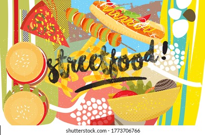 Burgers, hotdogs, pizza and more colorful  Sreet foods 