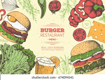 Burgers and ingredients for burgers colorful vector illustration. Fast food, junk food frame. American. Elements for burgers restaurant menu design. Engraved style image.