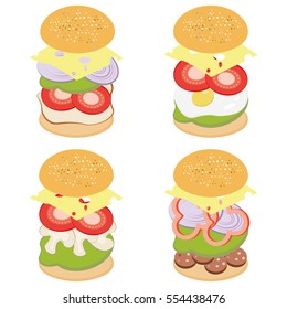 Burgers ingredients. Fast food set in cartoon style. Vector illustration