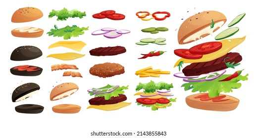 Burgers ingredients set: buns, chili, tomato, cheese, bacon, cucumber, meat, onion, ketchup, French fried potato and salad. Fast food, junk. Cartoon vector illustration.