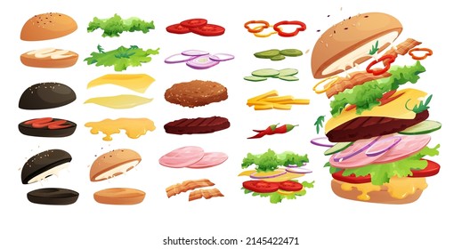 Burgers ingredients set: buns, chili, tomato, cheese, bacon, cucumber, meat, onion, ketchup, French fried potato and salad. Fast food, junk. Cartoon vector illustration.