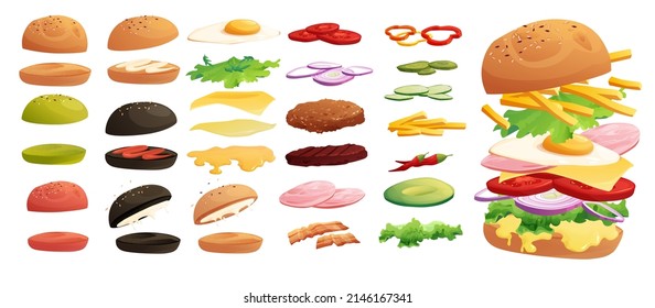 Burgers ingredients set: buns, egg, chili, tomato, cheese, bacon, cucumber, meat, ham, onion, ketchup, French fried potato and salad. Fast food, junk. Cartoon vector illustration.