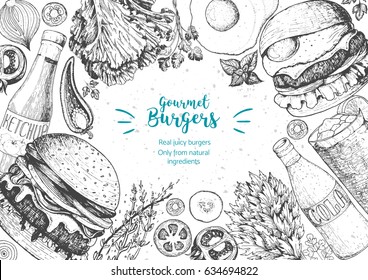 Burgers and ingredients for burgers vector illustration. Fast food, junk food frame. American food. Elements for burgers restaurant menu design. Engraved style image.