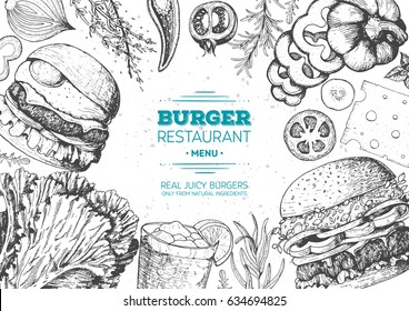 Burgers And Ingredients For Burgers Vector Illustration. Fast Food, Junk Food Frame. American Food. Elements For Burgers Restaurant Menu Design. Engraved Style Image.