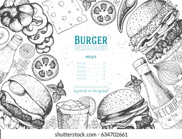 Burgers and ingredients for burgers vector illustration. Fast food, junk food frame. American food. Elements for burgers restaurant menu design. Engraved image, retro style.