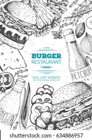 Burgers and ingredients for burgers vector illustration. Fast food, junk food frame. American food. Elements for burgers restaurant menu design. Engraved image, retro style.