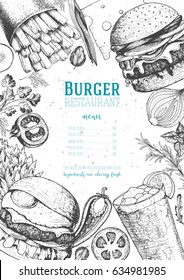 Burgers and ingredients vector illustration. Fast food, junk food frame. Elements for restaurant menu design. Engraved image, retro style.