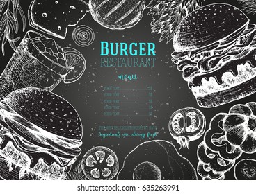 Burgers and ingredients for burgers vector illustration. Fast food, junk food frame. Elements for burgers restaurant menu design. Engraved style image.