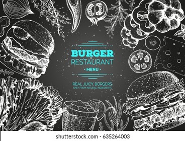 Burgers and ingredients for burgers vector illustration. Fast food, junk food frame. Elements for burgers restaurant menu design. Engraved style image.