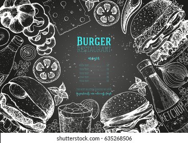 Burgers and ingredients for burgers vector illustration. Fast food, junk food frame. Elements for burgers restaurant menu design. Engraved image, retro style.