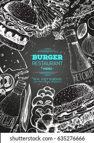 Burgers and ingredients for burgers vector illustration. Fast food, junk food frame. Elements for burgers restaurant menu design. Engraved image, retro style.