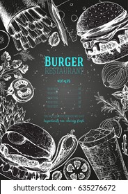 Burgers and ingredients vector illustration. Fast food, junk food frame. Elements for burgers restaurant menu design. Engraved image, retro style.