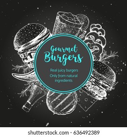 Burgers and ingredients for burgers vector illustration. Fast food, junk food label. Elements for burgers restaurant menu design. Engraved image, retro style.