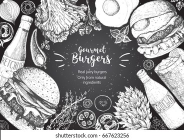 Burgers and ingredients for burgers vector illustration. Fast food, junk food frame. American food. Elements for burgers restaurant menu design. Engraved style image.