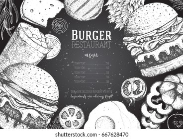 Burgers and ingredients for burgers vector illustration. Fast food, junk food frame. American food. Elements for burgers restaurant menu design. Engraved style image.