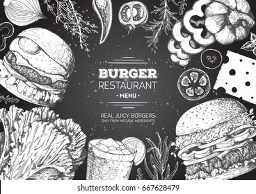 Burgers and ingredients for burgers vector illustration. Fast food, junk food frame. American food. Elements for burgers restaurant menu design. Engraved style image.