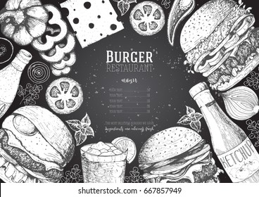 Burgers and ingredients for burgers vector illustration. Fast food, junk food frame. American food. Elements for burgers restaurant menu design. Engraved image, retro style.