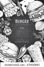 Burgers and ingredients vector illustration. Fast food, junk food frame. Elements for burgers restaurant menu design. Engraved image, retro style.