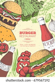 Burgers and ingredients for burgers vector illustration. Fast food, junk food frame. American food. Elements for burgers restaurant menu design. Engraved image,colorful retro style.