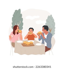 Burgers aisló la ilustración vectorial de dibujos animados. Padres con hamburguesas al aire libre comiendo niños, pasando tiempo libre juntos, estilo de vida familiar, hábitos de comida chatarra, dibujos animados vectores de violación de dieta.