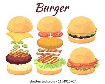 Burgers isolated on white background. Cartoon fast food vector illustration. Sandwich menu with meat, bun and cheeseburger, tomato and lettuce