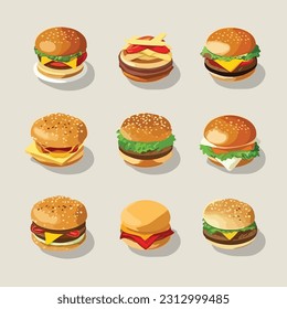 Burgers isometric set vector isolated