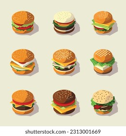 Vector de conjunto isométrico aislado de hamburguesas