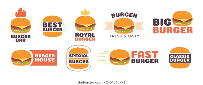 Burgers labels. Burger house cafe, bar or delivery service badges. Cartoon hamburgers logo for fast food restaurant. Tasty racy vector banners