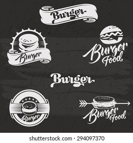 Burgers logo set in vintage style. Vector Illustration with lettering. Retro hand drawn burger logotypes collection. 