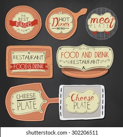 Burgers logo set in vintage style. Vector Illustration with lettering. Retro hand drawn burger logotypes collection.