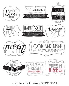 Burgers logo set in vintage style. Vector Illustration with lettering. Retro hand drawn burger logotypes collection.
