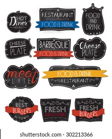 Burgers logo set in vintage style. Vector Illustration with lettering. Retro hand drawn burger logotypes collection.
