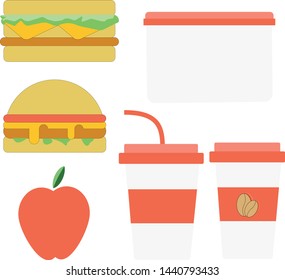 burgers for lunch. take away food, set of dishes with cups in light colors. Hamburger and sandwich to eat fast, fast food with soft drink and coffee. 