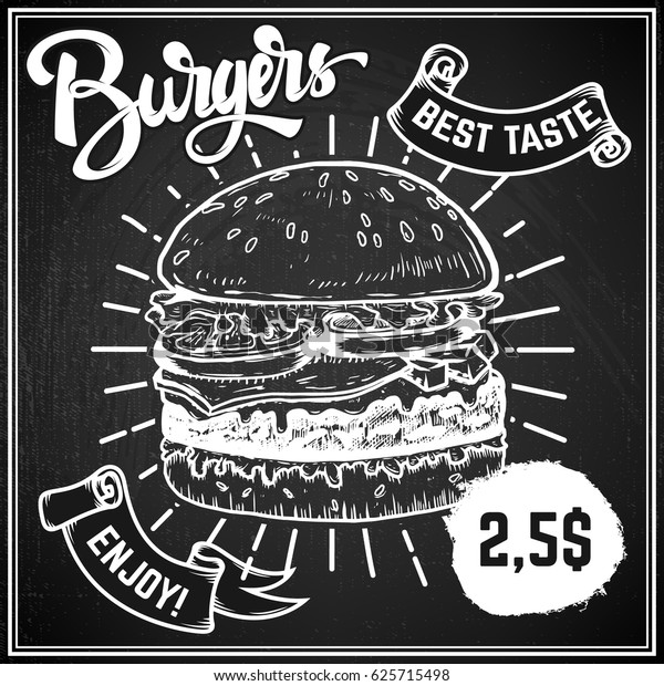 バーガーのメニューカバーレイアウト ハンバーガーの手描きのイラストとメニューチャルクボード のベクター画像素材 ロイヤリティフリー